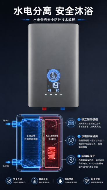 [第3屏] 核心卖点1-水电分离安全防护技术解析。
[氛围/风格] 专业技术解析，安全可靠，科技质感，保持整体风格统一。
[元素布局] 画面上半部分放置即热式电热水器产品正面图，保留产品枪灰色哑光机身预览效果