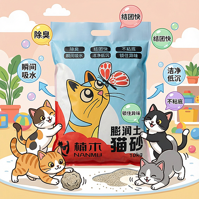 我是在拼多多卖猫砂的 帮我设计10张拼多多主图 要求可爱一点 吸睛一点 可以有小猫点缀