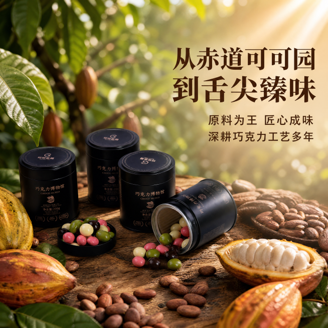 [主图-2] 核心卖点产地溯源展示
[氛围风格] 高奢品质自然风，真实可信
[画质] 商业摄影质感、光线柔和通透、产品清晰真实、画面干净高级
[元素] 彩色罐装混合坚果巧克力豆斜向放置，罐口打开流出多预览效果