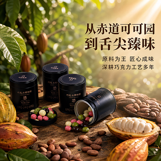 [主图-2] 核心卖点产地溯源展示
[氛围风格] 高奢品质自然风，真实可信
[画质] 商业摄影质感、光线柔和通透、产品清晰真实、画面干净高级
[元素] 彩色罐装混合坚果巧克力豆斜向放置，罐口打开流出多彩巧克力豆，背景融入大片模糊的可可园棕榈树叶，天然光斑效果。前景散落真实可可豆和新鲜切开的可可果，强调原料优质来源。保持产品外观、结构、颜色与输入产品图绝对一致，杜绝变形色差。商品主体占比约65%，画面满屏无边框
[光影] 自然暖阳斜射，透过树叶形成丁达尔效应光斑，点缀产品和可可原料，整体通透有温度，突出巧克力光泽
[配色] 主色保留产品本身多彩罐身，背景为深绿可可叶棕褐可可豆，自然和谐高级
[视角构图] 45°斜侧俯视，产品和原料分层排布，景深适中，主体突出
[文字版式] 右侧留出大空间放置文案：大号主文案"从赤道可可园 到舌尖臻味"，深棕色粗体；下方辅助文案分两行排列，"原料为王 匠心成味"和"深耕巧克力工艺多年"，字号缩小一半，同色系。文字清晰不遮挡产品
[比例分辨率] 1:1比例，4k分辨率，文字清晰可辨，超高清
[负向提示词] 变形，水印，文字错乱，产品图模糊，背景杂乱