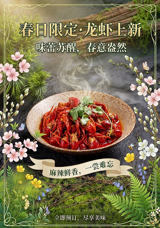 插画风融合国潮元素，水彩质感渲染春日花景，重拟物手法呈现热辣龙虾，清新与中式美学交织，营造唯美文艺的节日氛围。