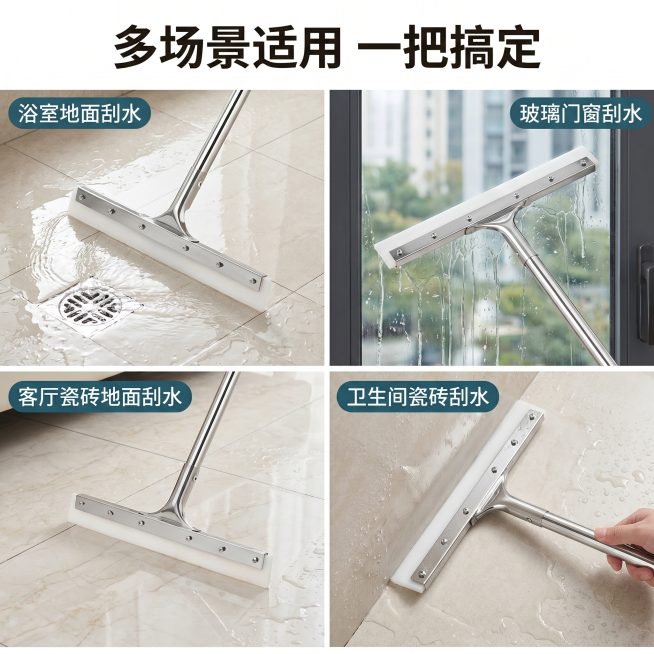 [主图 4] 不锈钢地刮多场景适用展示图。[氛围风格] 真实生活场景风，整洁明亮；[画质] 商业摄影质感、光线柔和通透、产品清晰真实、画面干净高级。[元素] 四宫格布局展示四个不同使用场景：第一格浴室预览效果