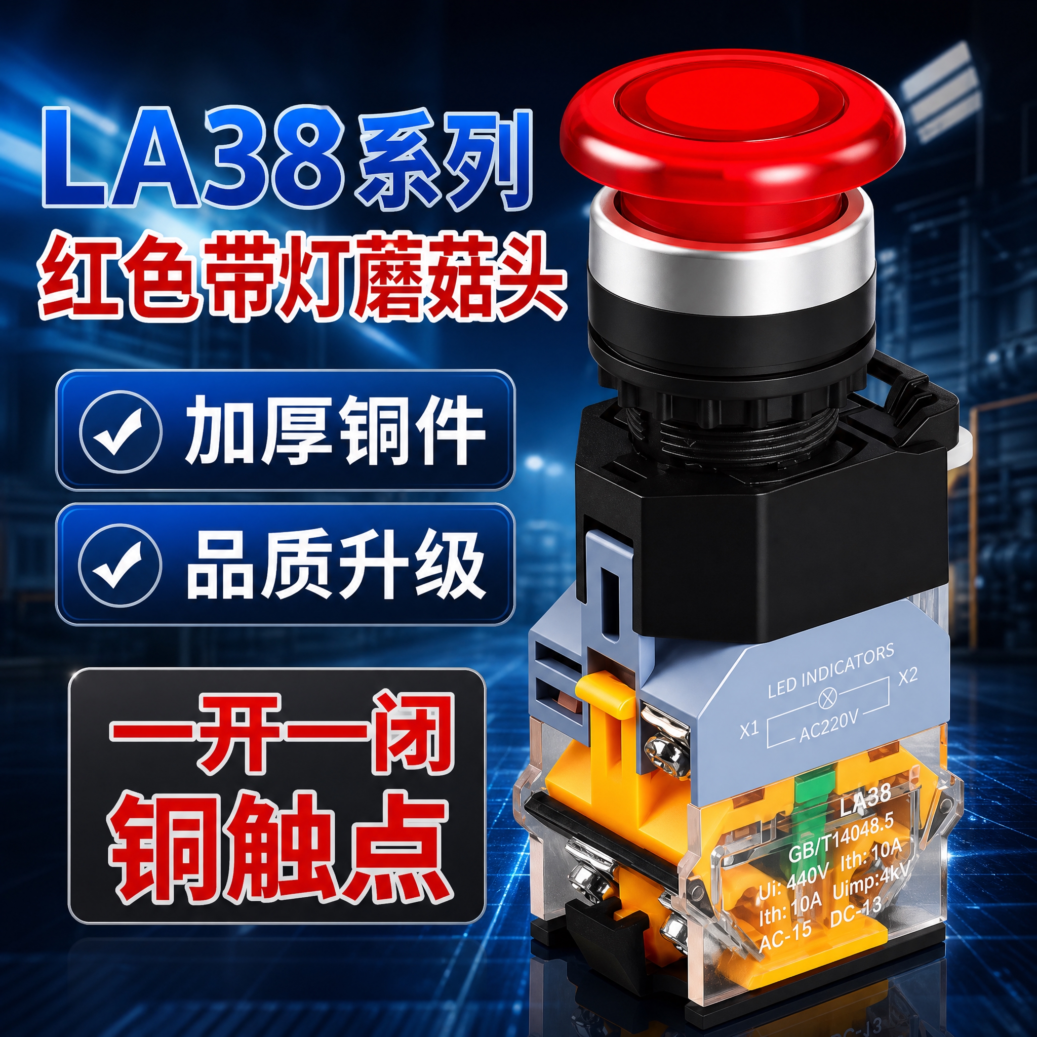 电商主图，LA38系列红色带灯蘑菇头铜触点款主图，800*80… - 图片创意预览