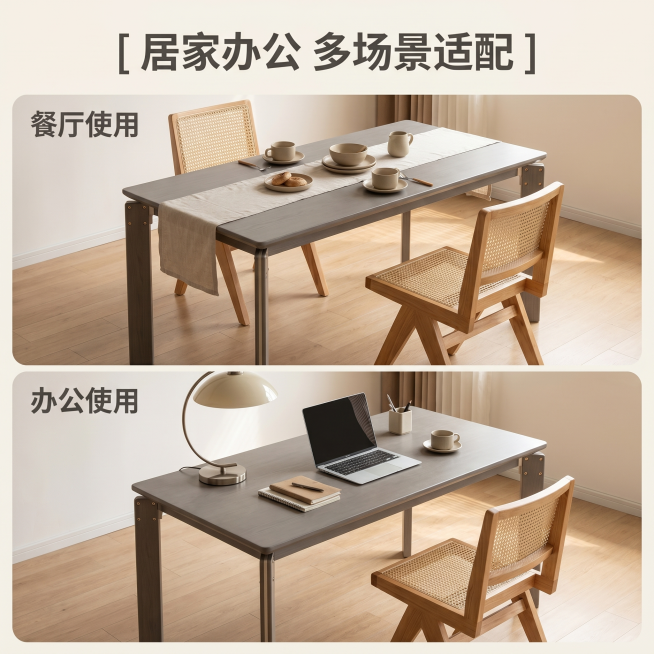 [主图 4] 浅灰色实木桌面板多场景适配展示
[氛围风格] 家庭简约风，温馨生活感
[画质] 商业摄影质感、光线柔和通透、产品清晰真实、画面干净高级
[元素] 双宫格拼图，上图展示浅灰色实木桌面板作为预览效果