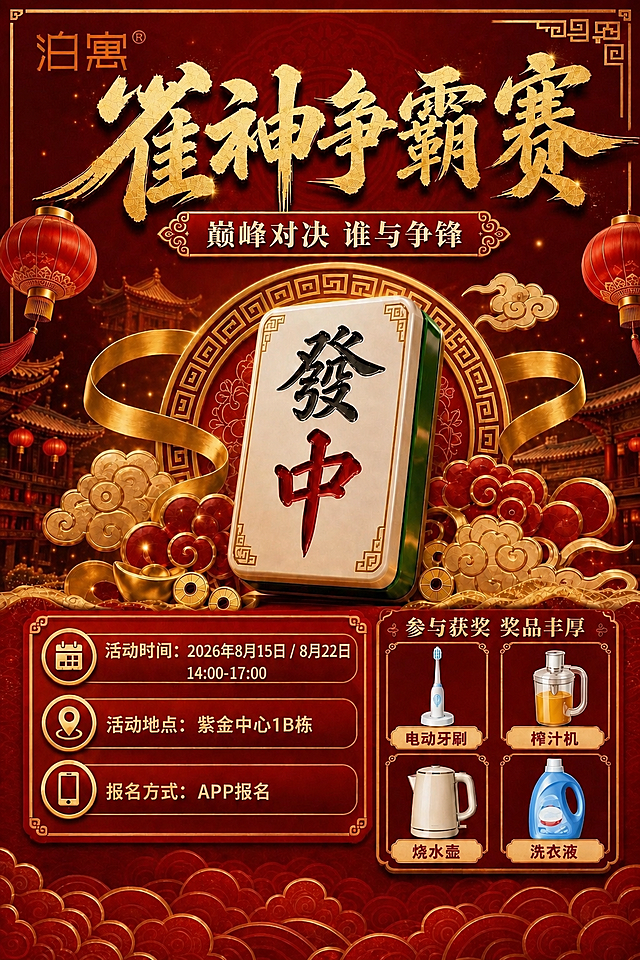 在参考图的活动时间信息栏中，在"2026年8月15日 / 8月22日"后面添加"14:00-17:00"，保持原海报的红金国风风格、版式结构、字体样式、配色方案完全一致，其余所有文字、图案、装饰元素、奖品展示、品牌logo均保持不变。精确复刻参考图的整体布局和视觉效果，只修改活动时间这一处内容。画面中所有数字必须精确渲染，不得错位、遗漏或编造。