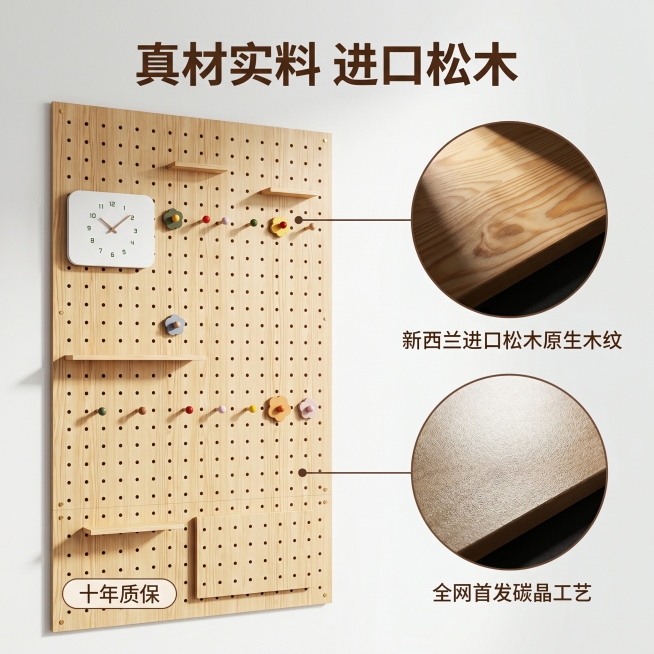 [主图-2] 实木洞洞板材质工艺亮点展示图。[氛围风格] 家庭简约风，专业品质感；[画质] 商业摄影质感、光线柔和通透、产品清晰真实、画面干净高级。[元素] 实木洞洞板主体占画面65%，右侧叠2个局部预览效果