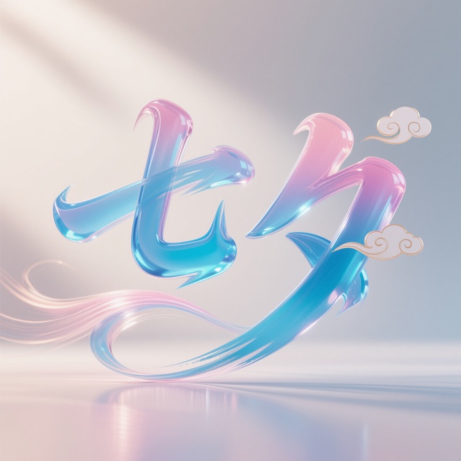C4D立体字效果，飘逸字体“七夕”，琉璃色蓝粉渐变，字体结束部分带有飘逸笔触，笔划流畅，字体边缘有速度光感，旁边有小祥云装饰，整体画面简洁大气，突出文字主体预览效果