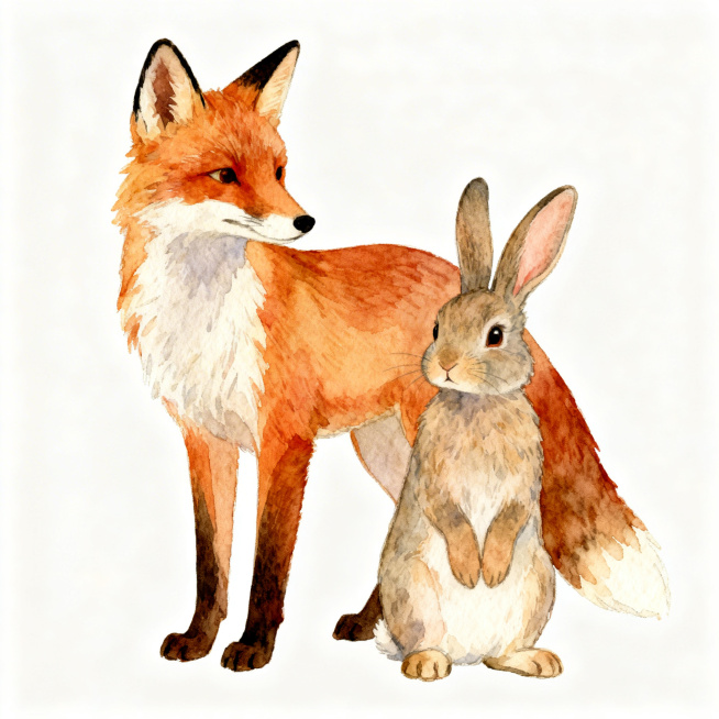 全身狐狸和全身兔子，只有两只小动物主体，纯白色背景，无多余场景元素，完整全身造型，可爱灵动的童话风格，柔和水彩插画，色彩干净明快，细节清晰，完整呈现两只动物全身预览效果