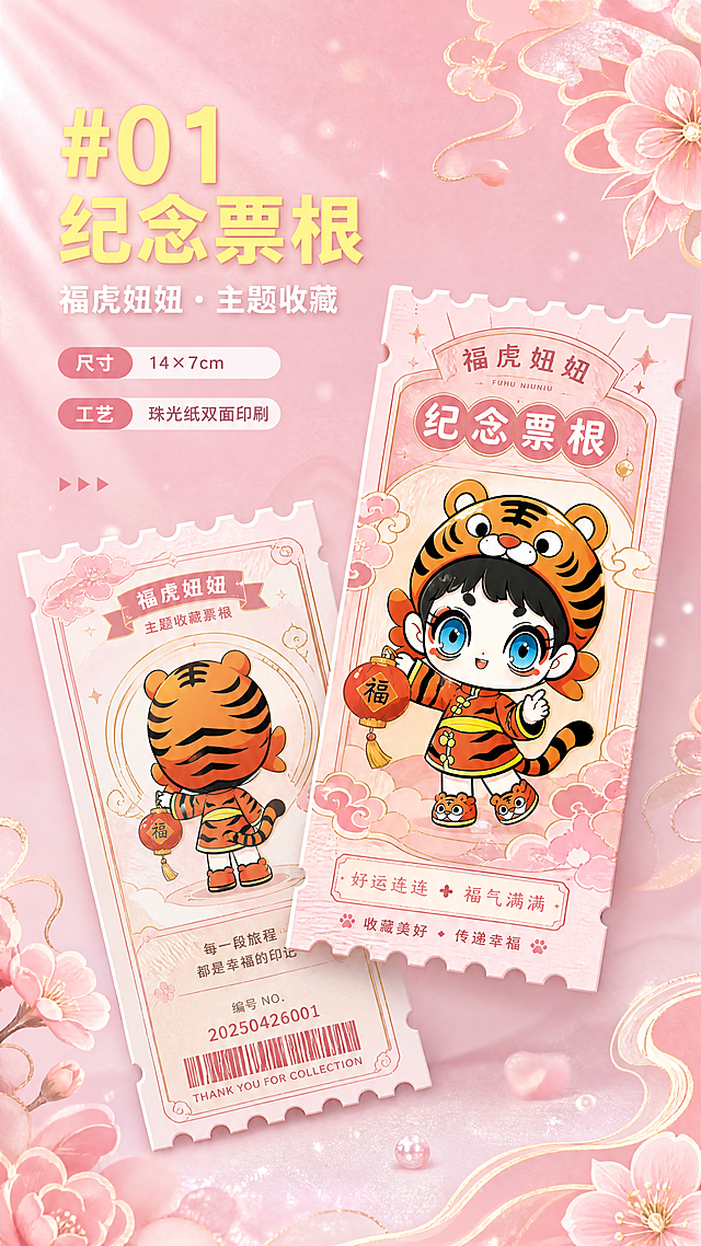 [第1屏] 本屏功能定义：福虎妞妞主题收藏纪念票根宣传海报，参考图13的排版结构，模仿原图的粉色国风排版。[氛围/风格] 国风萌系，可爱治愈，暖粉色背景，商业设计质感，整体精致高级。[元素布局] 页面顶部大标题 #01 纪念票根，下排小字"福虎妞妞・主题收藏"，左上角文字排版，下方标注尺寸14×7cm和工艺珠光纸双面印刷，整体排版和参考图一致。[光影质感] 左侧柔光灯，整体明暗层次清晰，文字清晰锐利。[配色色系] 全局底色 #f8d7e4（柔粉色），主标题黄色加粗，副标题白色，文字排版和参考图一致。[视角构图] 竖版全屏构图，左上文字区域，整体符合参考图版式结构。[文字版式] 保留参考图文字排版层级，大小对比清晰，符合移动端阅读。[比例分辨率] 9:16竖版比例，4K分辨率，文字清晰可辨。[负向提示词] 文字错乱，排版变形，颜色偏差，背景杂乱，水印。