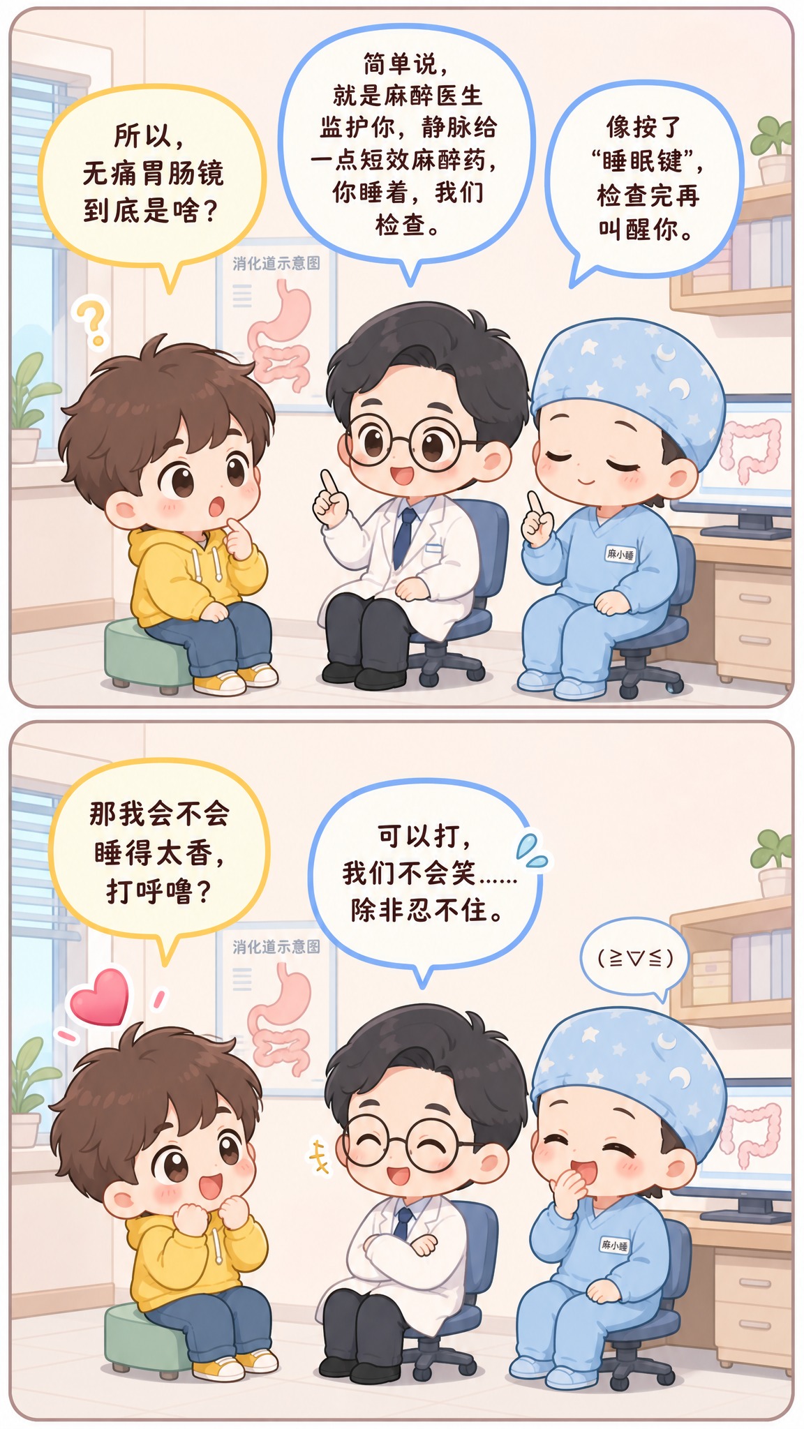 条漫P4《Q1：什么是无痛胃肠镜？》，两格竖排漫画，马卡龙低饱… - 图片创意预览