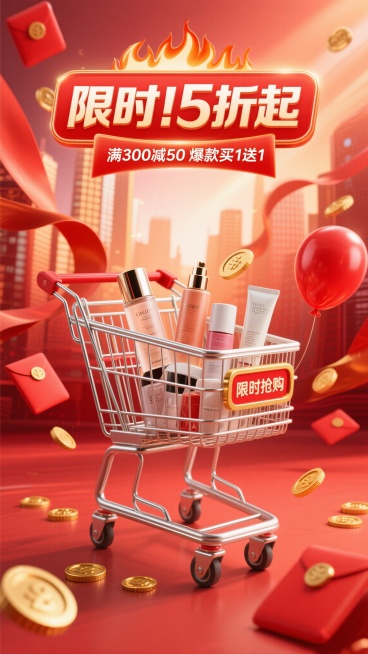 9:16比例3D电商促销海报，主色调大红色与橙红色渐变搭配金色点缀，背景有动感飘带、光晕和城市剪影。画面中心是银色购物车，内置美妆产品（爽肤水、面霜、洁面乳），车旁散落金色硬币和红色气球，画面边缘分布预览效果