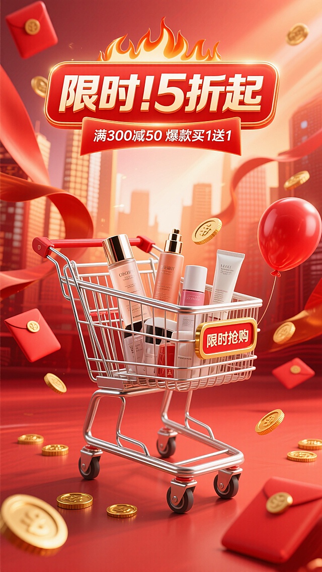 3D重拟物风格，金属质感购物车满载美妆产品，鎏金硬币与红包飞舞，火焰字效强化喜庆促销氛围，视觉冲击力十足。