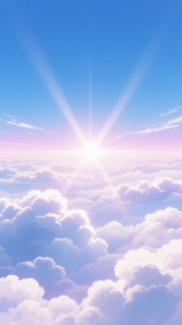 动漫风格天空场景，纯净的渐变蓝色天空占据画面主体，下方是层次丰富的云海，云朵呈现蓬松柔软的质感，边缘带有柔和的白色高光。阳光从云层间隙中以放射状的光束洒落，光线明亮而温暖，在云层底部和天空交界处形成淡淡的粉紫色渐变光晕，营造出宁静而梦幻的氛围。画面整体色调和谐统一，光影过渡自然柔和，构图采用对称式布局，上下云层环绕中央天空区域，视觉上开阔而富有深度感。预览效果