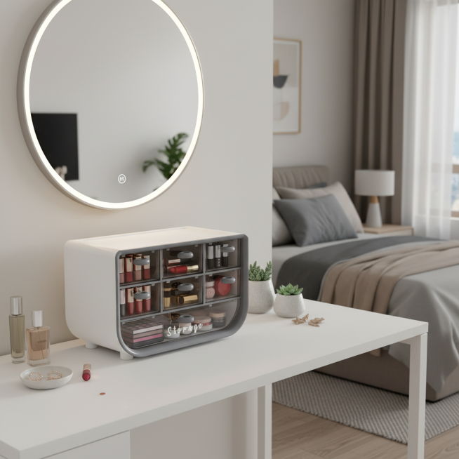 产品是图中的收纳盒  生成一张适用场景图  将收纳盒放在卧室的化妆桌上  格子里装满口红 眼影 等各种化妆品，场景展示卧室全景 主要展示化妆桌上的收纳盒 要求保留产品细节 整体画面协调自然 1:1预览效果