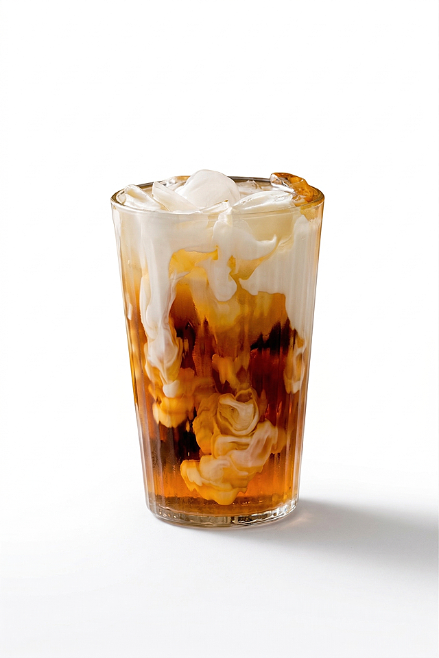 去掉图片上方正在倒奶的容器和手部，去掉右上角的小杯子，只保留下方玻璃杯中的冰咖啡，去除原有背景改为纯白背景，保留真实接触阴影，产品为透明玻璃杯饮品，高折射率，边缘厚度感，通透体积光，通透无杂质，超清画质，智能降噪，细节锐化，8k分辨率，商业棚拍光，体积光，柔和阴影，去除多余元素，智能补全遮挡，禁止拉伸变形，禁止无中生有，拒绝模糊