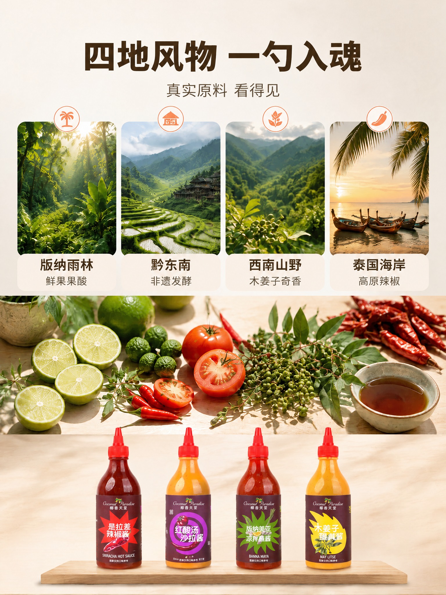 以图2为底图做局部编辑：保持原图整体版式、四张风景图片卡（版纳… - 图片创意预览