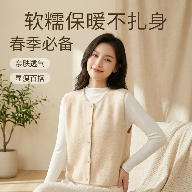 参照参考图的针织马甲款式，生成商品主图，模特人物内搭穿白色长袖，突出这件米色针织马甲，特点是软糯保暖不扎身，春季必备，亲肤透气，显瘦百搭，适合抖音电商展示，风格清新简约预览效果