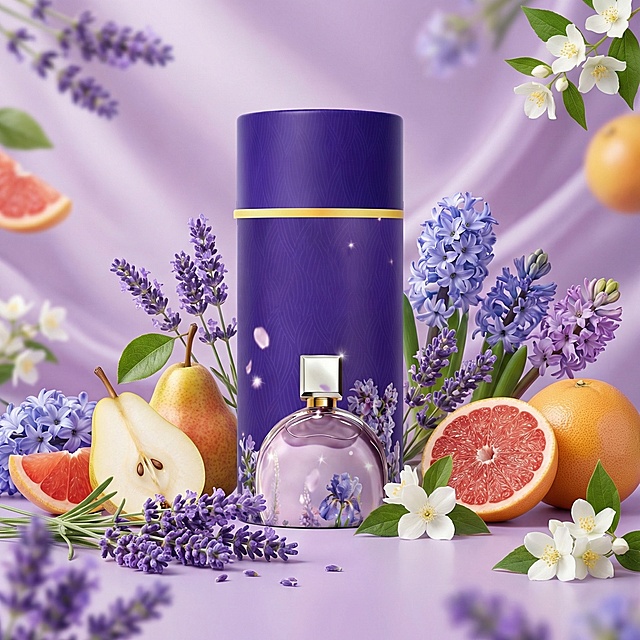 薰衣草味留香珠产品主图，1比1比例，无文字，偏紫色电商场景，画面中融入梨、葡萄柚、风信子、茉莉元素，突出留香珠产品主体，整体氛围清新淡雅，紫色系为主色调，产品清晰完整居中