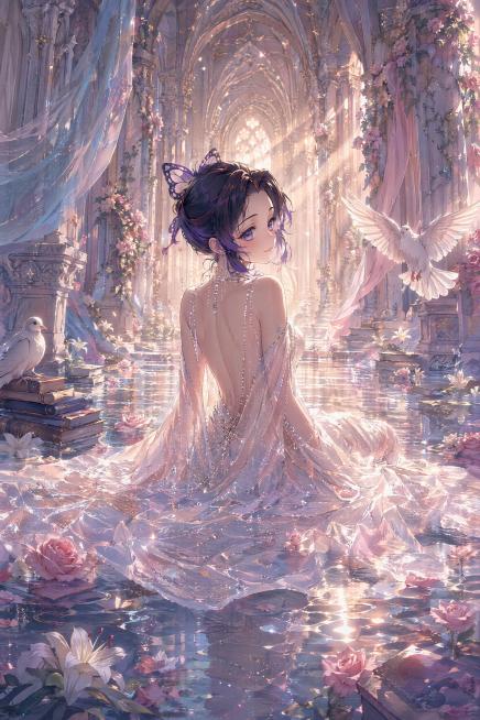「图片1」运用参考图中人物，保留人物头发的发型，保留人物头发颜色，保留人物瞳孔颜色，画面中心是参考图中人物，人物以背身回眸的姿态静坐在水面上。她拥有一头蓬松卷曲的长发，发丝带着细碎珠光质感，自然垂落至预览效果