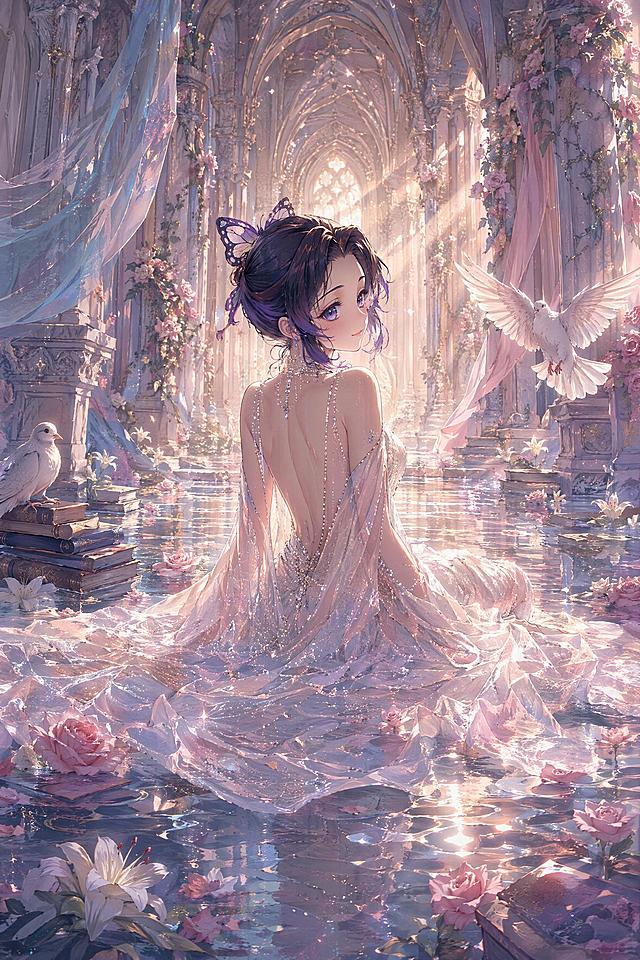 「图片1」运用参考图中人物，保留人物头发的发型，保留人物头发颜色，保留人物瞳孔颜色，画面中心是参考图中人物，人物以背身回眸的姿态静坐在水面上。她拥有一头蓬松卷曲的长发，发丝带着细碎珠光质感，自然垂落至裙摆；身着露背设计的白色闪钻纱裙，裙身通透轻盈、缀满细闪装饰，裙摆大面积铺散在水面，与水光融为一体。人物神态温柔静谧，侧颜精致，自带清冷圣洁的气质。场景与细节元素,场景设定在一座被浅水覆盖的哥特式拱廊神殿中：纵深排列的雕花大理石立柱与尖拱顶向画面深处延伸，构建出强烈的空间纵深感，建筑带有古典欧式神殿的精致雕花细节；立柱上缠绕着盛放的粉玫瑰藤蔓，两侧垂落淡蓝与柔粉的半透纱幔，轻盈舒展；地面覆着一层浅水，水面散落着旧书籍、粉玫瑰与百合花，水面倒映着光影与花影；两只白鸽点缀画面：一只静立在左侧书堆上，一只展翅飞在人物右侧，为画面赋予了灵动、圣洁的意象。
光影与色调,画面的核心视觉亮点是丁达尔效应的暖金色光束：光线从拱廊深处穿透而来，穿过水汽与纱幔，形成清晰的光束轨迹，在空气中晕开朦胧光斑，精准打亮人物的发丝与肩背，强化了主体的神圣感。
整体色调以柔粉、暖金、浅蓝为主，低饱和度的柔和配色放大了梦幻朦胧的氛围，水光、纱幔、花瓣共同烘托出氤氲柔美的质感。
艺术风格与氛围,作品采用 CG 厚涂结合写实质感的绘画风格，细节精致细腻：纱料的通透感、水面的波光折射、发丝的蓬松纹理、石材的雕花肌理都表现得十分逼真，同时又做了浪漫化的艺术加工。
整体氛围静谧、圣洁、梦幻，兼具古典神殿的庄重感与童话秘境的浪漫感，传递出 “水中玫瑰神殿”“秘境女神” 的奇幻意象。负面提示词：--no text（除指定英文）, --no letters（除英文）, --no watermark, --no 变形, --no 畸形, --no 手部变形, --no 面部歪斜, --no 平涂, --no 光滑无笔触, --no 高饱和刺眼，比例2：3