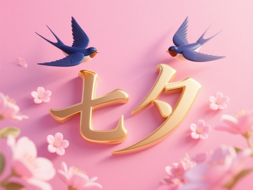 金色的“七夕”字样，以立体3D效果呈现，置于粉红色背景之上。字样中间位置，两旁分别有两只燕子在空中飞舞。燕子姿态优美，翅膀张开，颜色为深蓝色，与金色的字形成鲜明对比。字样周围点缀着淡粉色的花朵，花瓣精预览效果