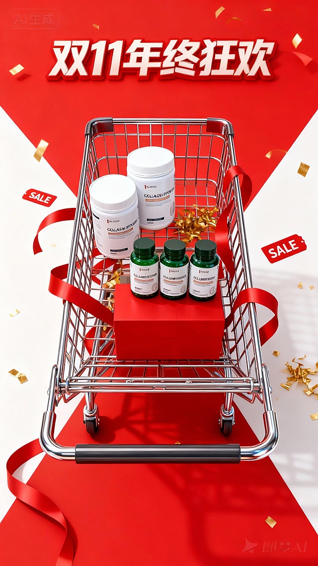 画面主视觉是一辆巨大金属购物车的正上方视角，把手正对下方，车内堆放商品。购物车周围缠绕着红色丝带，点缀“SALE”红色标签与金色碎纸屑。3D 渲染风格，背景红白拼色。顶部有“双11年终狂欢”字样。