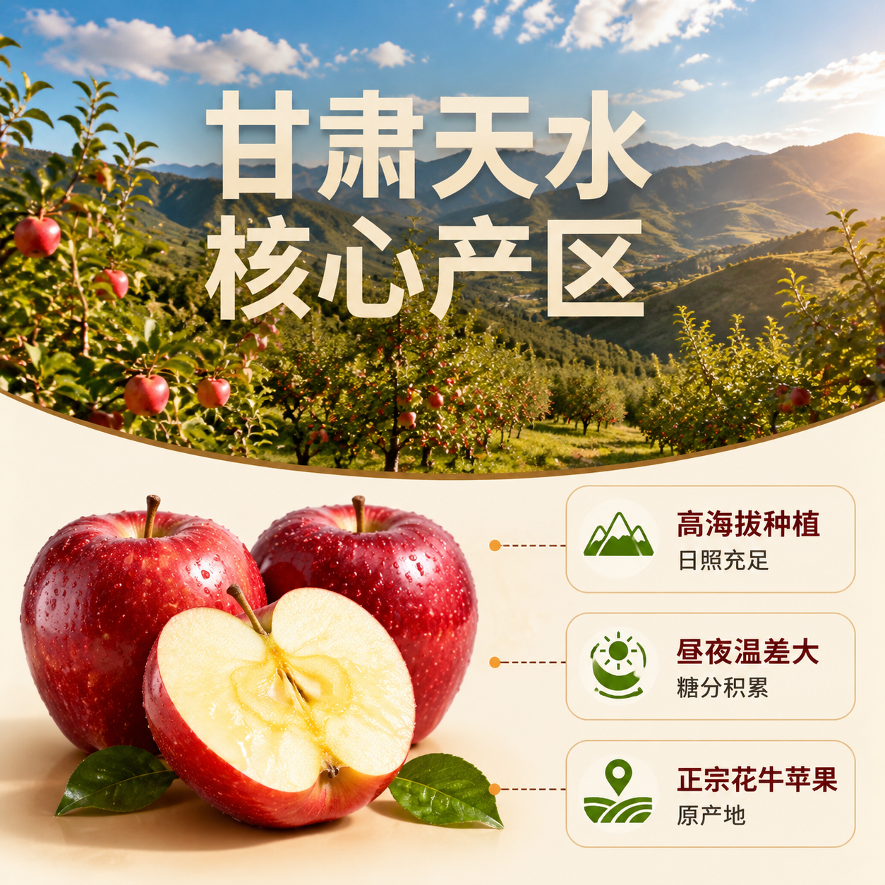 [主图-2] 核心亮点与溯源 产地信任 天水花牛苹果产地溯源图… - 图片创意预览