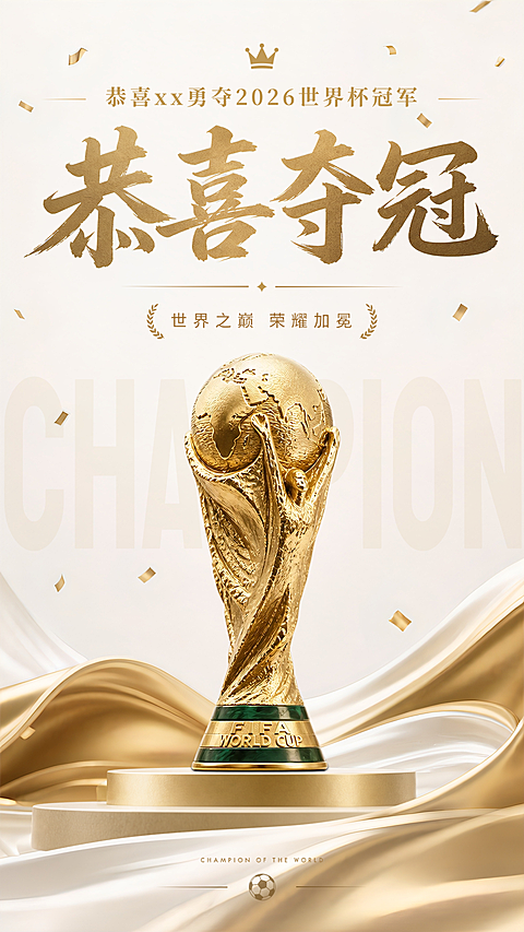 恭喜夺冠祝贺世界杯总冠军奖杯彩带鎏金飘带手机竖版海报