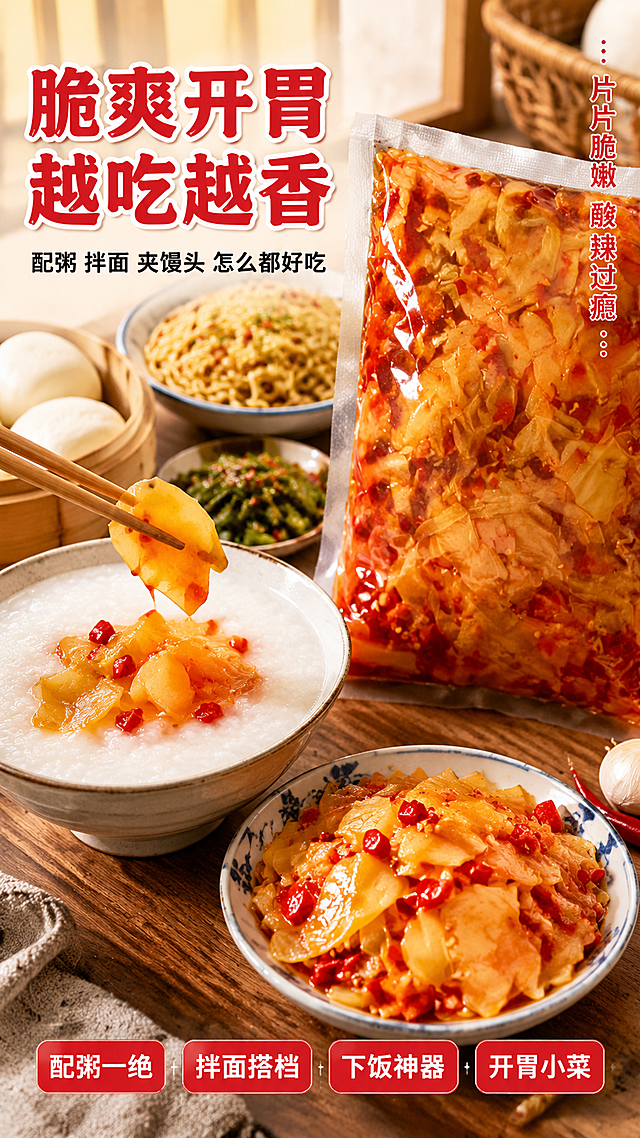 [第3张] 详情页口感质地+食用场景-剁椒姜片下饭场景展示。本张使用【图1】作为产品包装参考。
[氛围/风格] 家常烟火气+真实用餐场景，温暖治愈，拼多多接地气风格，突出脆爽口感和百搭吃法。
[元素布局] 画面左侧为一碗白粥/白米饭，上面铺着几片剁椒姜片，筷子正夹起一片姜片，动作自然；右侧为打开的剁椒姜片包装袋，倒出部分姜片在瓷碟中，姜片纹理清晰、油亮诱人；背景为家常餐桌，有馒头、面条、小菜等元素，营造多种吃法氛围；产品包装外观与输入图一致。
[光影质感] 暖黄色餐桌灯光，柔和均匀，食物表面油润有光泽，阴影自然，温馨居家感。
[配色色系] 全局底色 #FFF8E7（暖米黄）；主色 #E63946（辣椒红）；辅助色 #FFB703（姜黄）、木色餐桌。
[视角构图] 45°斜侧俯视，餐桌场景纵深感，阅读动线：左上标题 → 中部食物特写 → 右侧产品 → 底部吃法标签。
[文字版式] 左上主标题「脆爽开胃 越吃越香」，加粗圆角黑体，红色描边；副标题「配粥 拌面 夹馒头 怎么都好吃」，黑字；底部四个圆角标签：「配粥一绝」「拌面搭档」「下饭神器」「开胃小菜」，红底白字；右侧竖排小字「片片脆嫩 酸辣过瘾」；字色红+深棕两色统一。
[比例分辨率] 9:16 竖版比例，4K 分辨率，文字清晰可辨，高清画质。
[负向提示词] 包装变形，颜色偏差，水印，文字错乱，食物不真实，场景杂乱，极限词。