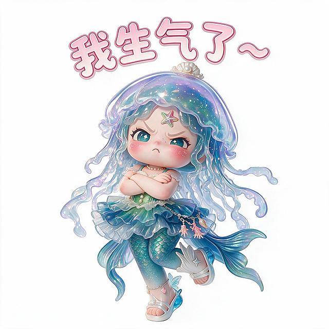 根据参考IP形象，生成平面2D卡通风格表情包，1:1方形构图，纯白背景，无多余元素，IP做发怒动作，搭配圆润可爱软萌字体文字："我生气了～"，整体风格和参考图保持统一。