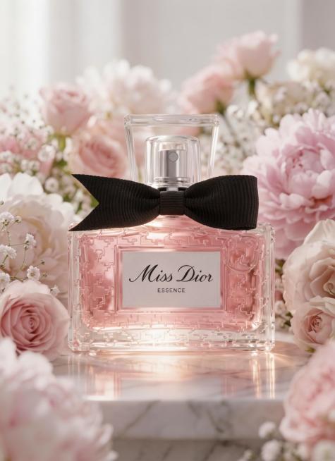 给香水产品打光，瓶身周围的物体设置低饱和氛围光，作为环境辅光柔和照亮周边物体，被从瓶子发出的光打亮，最大化提升瓶身明亮的通透感，保留瓶内液体的色彩层次与质感，光比控制在1:3~1:4，避免过曝或死黑，预览效果