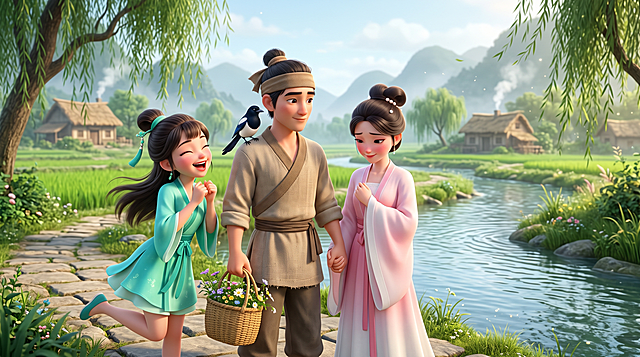 全新改版【凡间乡村古风普通场景】提示词（无星空、无银河、无鹊桥，纯正民间故事场景，保留全部搞笑三人组 + 皮克斯 3D 质感）
横屏 16:9，迪士尼皮克斯 3D 卡通动画风格，细腻卡通人物建模，圆润柔和五官，细腻皮肤次表面散射，发丝根根分明通透，古风布料柔和质感，8K 超高清，电影级景深，温柔日间暖调柔光，清新治愈浅青暖棕国风色调，细碎微风粒子、空气薄雾，画面干净柔和生活化；
三人古风卡通人物，左侧活泼七仙女七妹，青绿短款轻便仙裙，翡翠流苏发髻，古灵精怪、表情夸张吃瓜脸；
中间牛郎少年，乌黑高束长发配粗麻布发带，浅棕粗布农耕短衫，朴实乡下少年装扮，肩头停着一只温顺喜鹊，一手轻牵织女、一手拎装满山野野花的竹编小篮，憨厚呆萌、直肠子老实人神态；
右侧织女少女，乌黑柔顺长发挽起温婉发髻，简约素雅珍珠发饰，渐变浅粉月白古风轻纱长裙，素雅温柔凡间服饰，褪去华丽仙裙、温婉害羞、眉眼柔情羞涩；
三人站在凡间清水河畔青石板渡口，原生态乡村场景：青青河岸、垂落柳丝、碧绿稻田、清澈小河、乡间青石小路、远处朦胧山村炊烟、低矮茅草屋、山野绿植遍地，柔和白日自然光，微风拂动柳枝与裙摆，空气通透、林间细碎光斑，生活化田园烟火气息，人物周身柔和暖光，发丝轻柔飘动，电影级 OC 渲染，超高细节，无畸形五官手部，朴实温馨的民间七夕乡村氛围，人物表情生动喜剧化，动态自然流畅