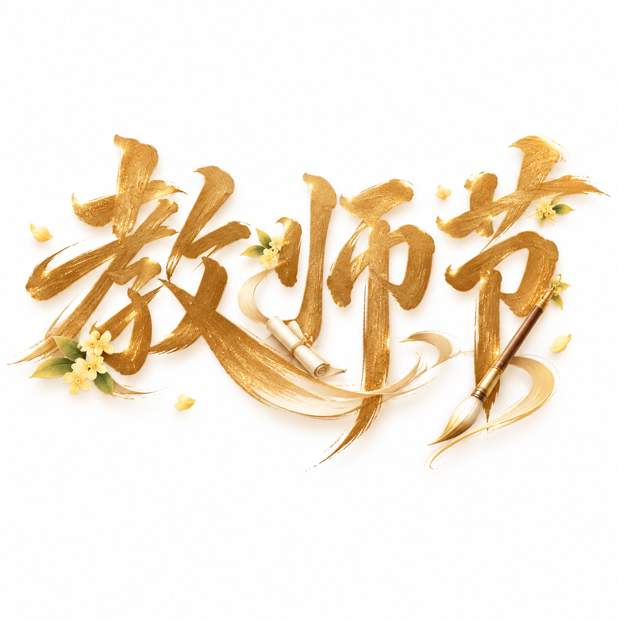 “教师节”三个国风毛笔书法艺术字，鎏金烫金质感，笔画边缘带有细… - 图片创意预览