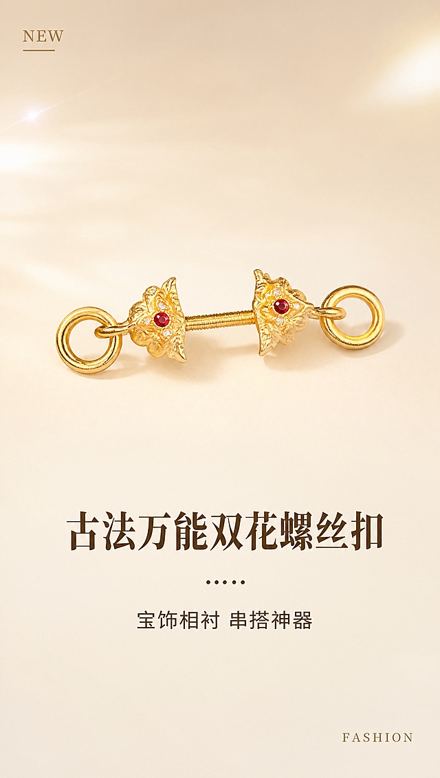 [商品] 使用【图2】单只古法足金双花螺丝扣45°斜视图；保留双花头造型、螺丝杆结构、两端圆环、天然红宝石与白蓝宝石镶嵌位置、古法金砂面肌理、足金黄铜原色、产品比例和厚度；禁止改结构、变形、发白过曝、死黑阴影，宝石火彩自然真实。
[画面] 页面目标：氛围头图，第一眼建立产品高级感和核心卖点认知；构图：上下分层，上半部分产品居中放大，占画面宽度50%，左右留白均匀，左上角有NEW小字标识，右上角有微弱暖光晕；下半部分居中放标题文案；阅读动线：从上到下，先看产品再看标题；前中后景：产品为主体，浅米金背景做渐变层次，左上角光斑做氛围点缀。
[视觉] 套系策略：风格=古法金轻奢雅致商业摄影风；标题字=宋体衬线粗体；正文字=黑体无衬线常规体；主色=浅米金#FFF8E6；背景延展=浅米金到米白的竖向渐变，顶部带微弱光影纹理，整体暖调；强调色=深棕色#6B4423，仅用于标题文字和分隔点；标题色=深棕色#6B4423；正文色=深棕色#6B4423；组件=六个点"......"装饰分隔线；光影=左上方45°暖柔光，产品底部柔和投影，古法金表面砂面质感自然。
[文字] 画面下半部分居中排版：主标题"古法万能双花螺丝扣"（最大号粗宋），副标题"宝饰相衬 串搭神器"（中号黑体），右下角"FASHION"英文装饰（小号衬线大写）；文字不遮挡产品主体；所有文字横排。
[规格] 图片宽度850px，高度约1500px（约9:16竖版），分辨率4K；负向提示：避免产品变形、改结构、发白过曝、死黑阴影、冷蓝背景、文字竖排、文字遮挡产品、宝石颜色失真、古法金肌理丢失。