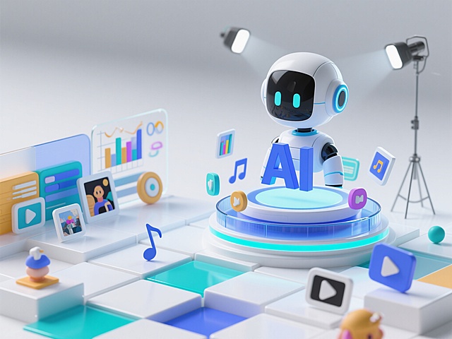 3D渲染，未来科技感，通透玻璃质感，蓝白色调，简约大气的UI头部设计，画面右侧是一个3D人工智能形象，面前有“AI”字体图标，下方为圆形底座，周围环绕数据图形、音乐符号、照片图标、视频播放按钮等元素，地面由高低不平的白色几何板块构成，色彩鲜艳，白色背景，等距渲染，工作室照明，OC渲染，C4D，光线追踪，左侧背景元素留白