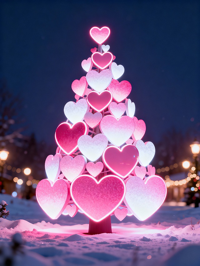 梦幻霓虹心形圣诞树，3D几何结构，粉色渐变光影，雪夜浪漫温馨，虚拟现实风格，甜蜜节日氛围。