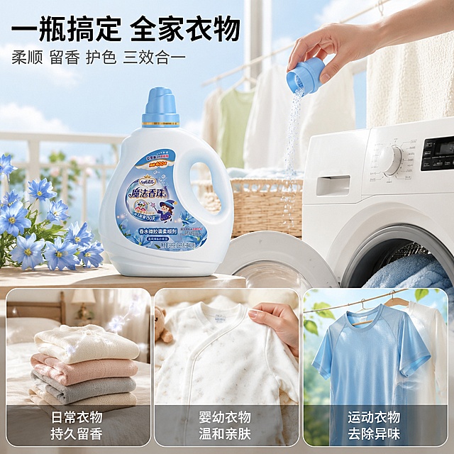 [主图-4] 家庭洗护多场景适用拼图式主图
[氛围风格] 温馨家居生活风，多场景拼接展示适用范围
[画质] 商业摄影质感、光线柔和通透、产品清晰真实、画面干净高级
[元素] 画面采用画中画拼图布局：主画面上方是大场景——阳光明媚的阳台洗衣区，白色洗衣机旁，一只手正将柔欣魔法香珠柔顺剂倒入洗衣机，旁边晾晒着蓬松的毛巾和衣物，有蓝风铃花装饰。下方三个圆角小图横向排列：左图——卧室场景，叠得整齐的毛衣散发香氛粒子（用小星光表示）；中图——婴儿衣物特写，突出温和亲肤；右图——运动服晾晒，突出去除异味。**保持柔顺剂产品外观与输入产品图绝对一致，杜绝任何变形和色差，精细化处理**。主画面产品占比约40%，三张小图各占下方三分之一。画面满屏无边框。
[光影] 整体自然光，主画面阳台光线明亮温暖，三张小图各自场景光线统一柔和，整体光感一致
[配色] 主色调白色+浅蓝+暖木色，辅助色淡粉+浅绿，温馨明亮
[视角构图] 主图平视生活化视角，下方三格小图形成信息补充，上下结构清晰
[文字版式] 主画面左上角大标题："一瓶搞定 全家衣物"，黑色粗体大号字。标题下方副标题："柔顺 留香 护色 三效合一"，灰色中号字。下方三张小图各自底部有文字标注：左图「日常衣物 持久留香」、中图「婴幼衣物 温和亲肤」、右图「运动衣物 去除异味」，白字配半透明深色底条。文字全部放在负空间，不遮挡产品主体和人脸。
[输出要求] 1:1比例，文字清晰可辨，超高清商业摄影质感
[负向提示词] 变形，文字错乱，产品图模糊，背景杂乱，水印，电商平台Logo