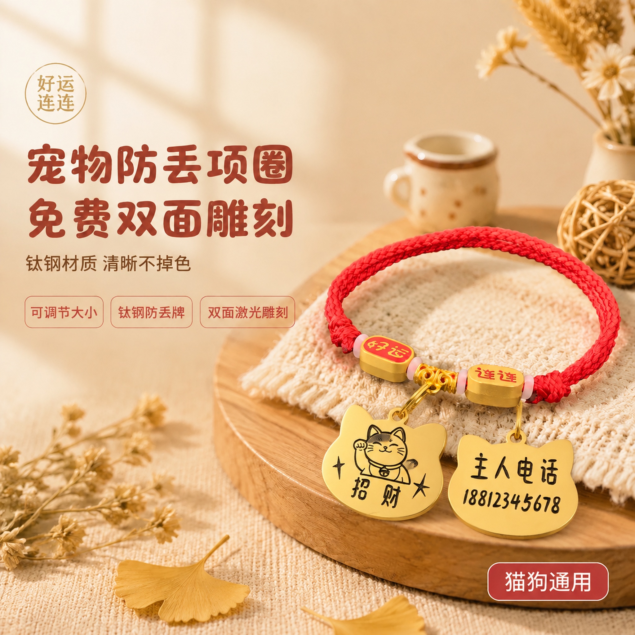 将画面中的红色编织宠物项圈替换为猫头造型的金色钛钢双面防丢牌项… - 图片创意预览