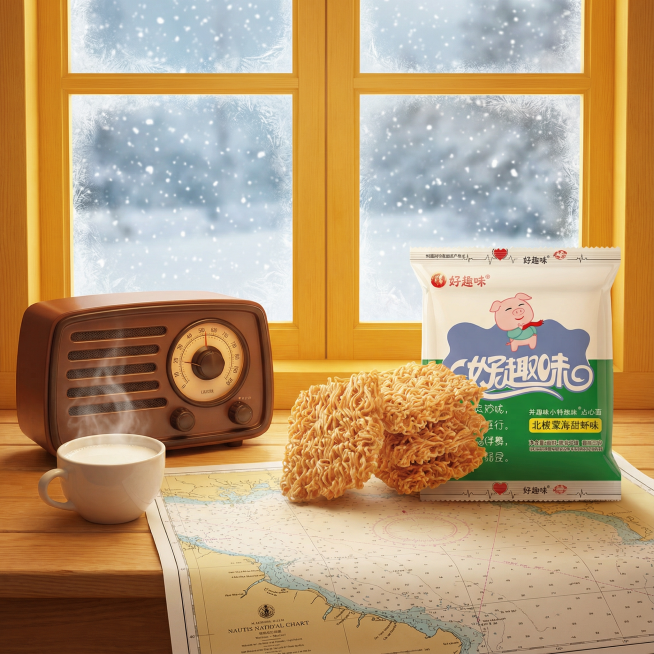 温馨木屋窗景方案：暖黄木纹窗框+窗外雪景，收音机播放老歌，海图铺展，产品旁配热牛奶，突出冬日治愈感预览效果
