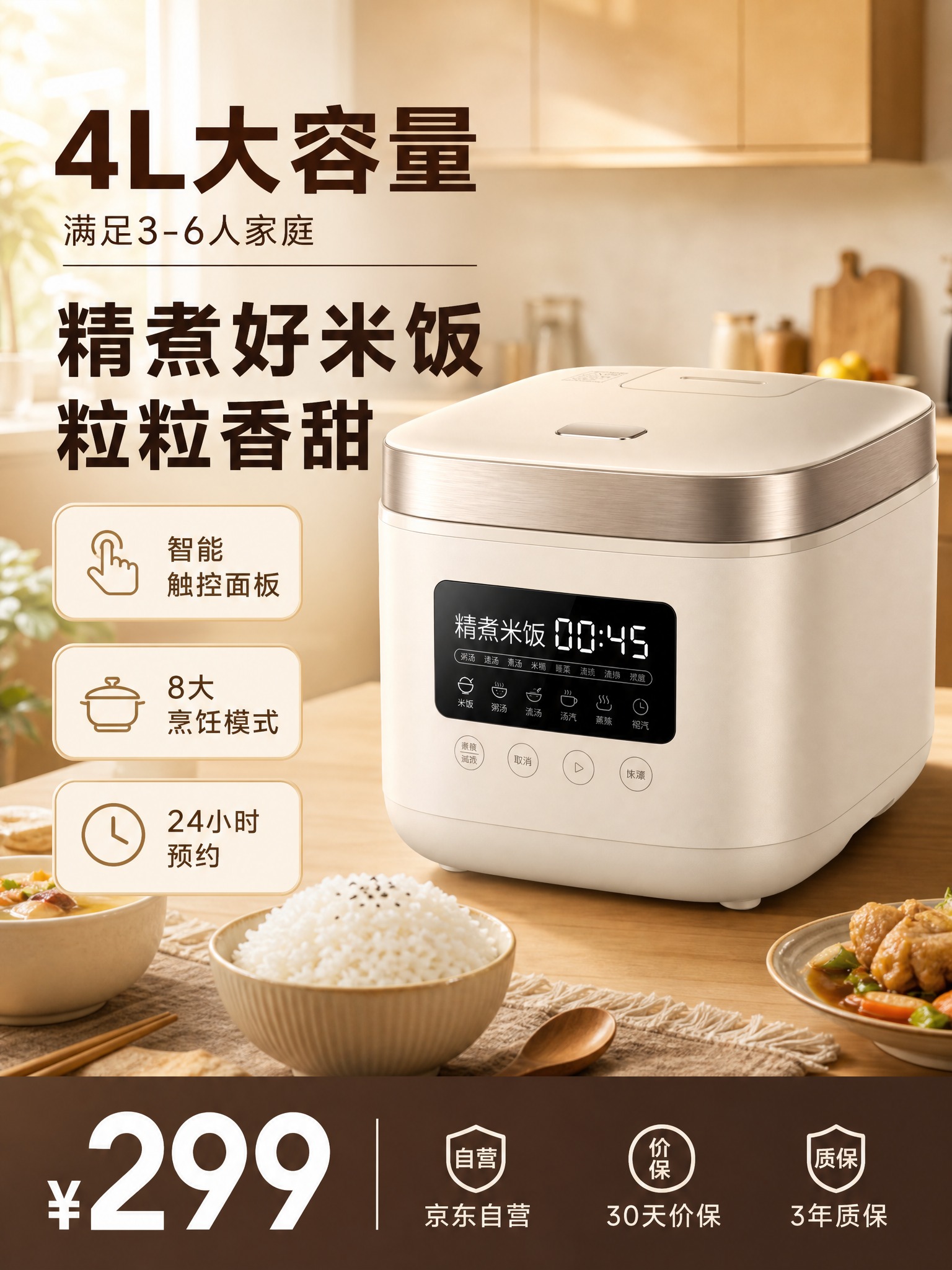生成京东家电主图套图，比例3:4，暖金奶油质感的厨房家电促销风… - 图片创意预览