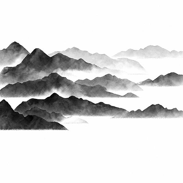 将画面中的山峦颜色改为黑色。保持构图、山峦轮廓、层次结构、远近虚实和雾气聚散效果完全不变：多层起伏的山峰由近及远逐渐淡出，山间有白色雾气穿插，画面大量留白。将原来的青绿色、青色山峦全部改为黑色水墨质感，山峰边缘保持水彩晕染的柔和过渡，近处的山颜色较深较实，远处的山逐渐变淡变灰，形成自然的黑白水墨层次感。背景保持纯白，整体为中国传统水墨山水风格。高清精致