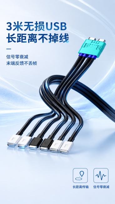 USB数据线严格参照上传产品图，完整保留所有可见组件、部件、轮廓形状、结构、比例、材质质感、颜色与上传图完全一致。
参考图风格为电商产品特写，浅淡干净冷蓝色调，保留参考图骨架和氛围，延续一样的风格。预览效果