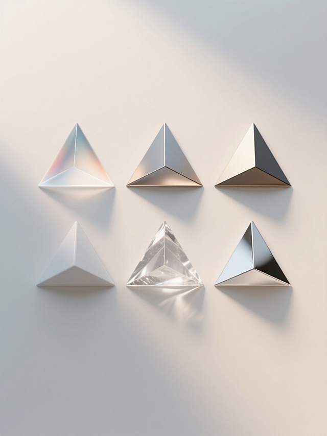 极简风格3D渲染，六个不同样式与材质的三角形几何形状，上下两行整齐对齐排列，每个三角形拥有独特的表面质感与色彩处理，包括但不限于透明渐变、磨砂金属、哑光塑料、光滑釉面、半透明水晶及反光材质，整体采用浅色背景衬托，保持统一的柔和高光与细腻阴影效果，光线从斜上方照射形成自然立体感，所有三角形保持相同的几何比例与大小，仅通过材质差异区分，画面简洁干净无多余元素，呈现现代简约的设计美感。