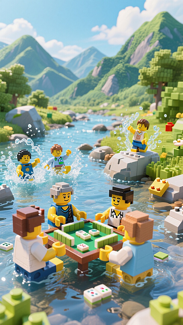 3D卡通风格，清新液态风，虚拟现实场景中乐高人物在山水间打麻将，趣味横生。