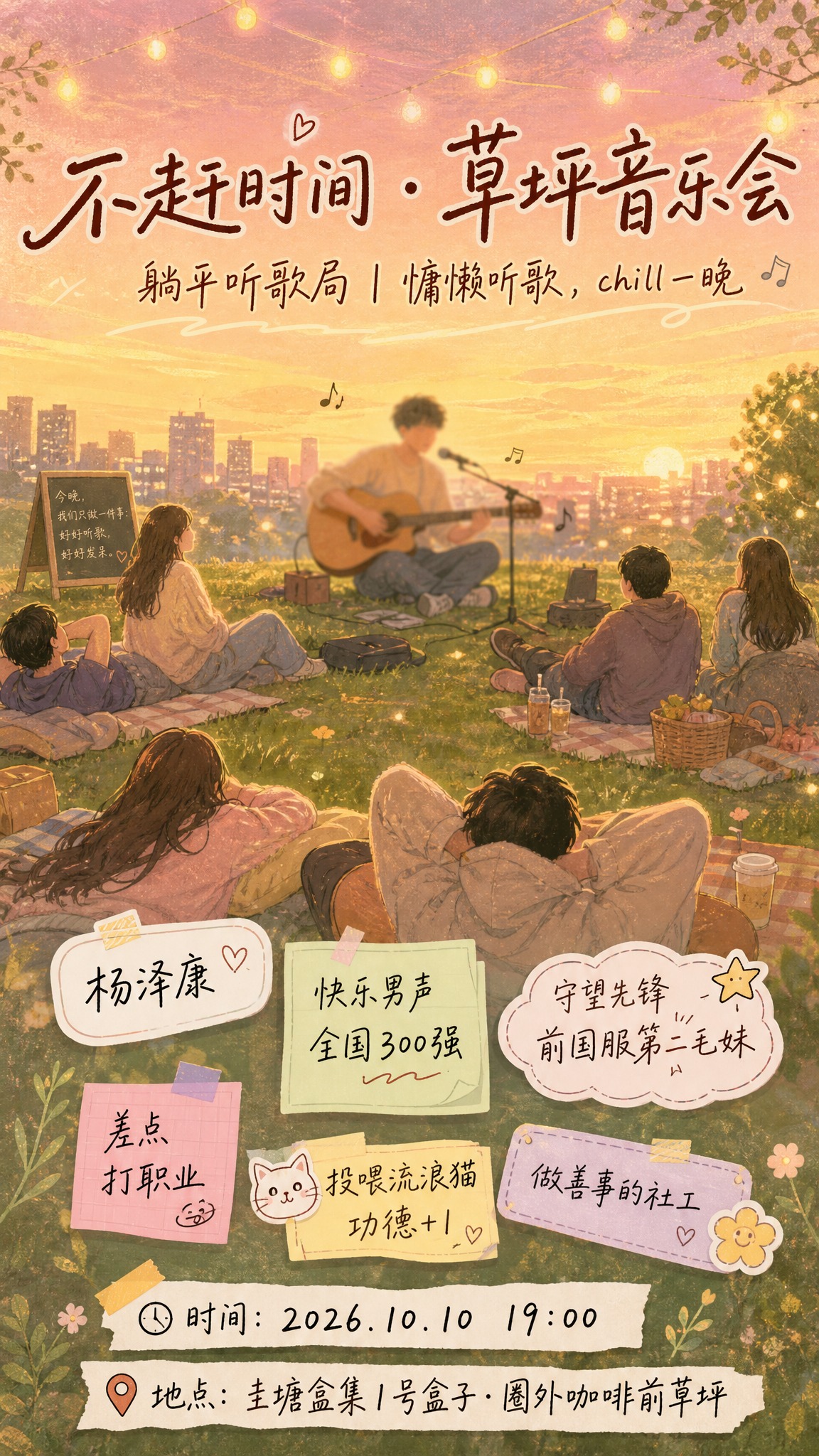 手绘插画感扁平插画风格竖版手机海报，轻松诙谐、慵懒治愈，柔和渐… - 图片创意预览