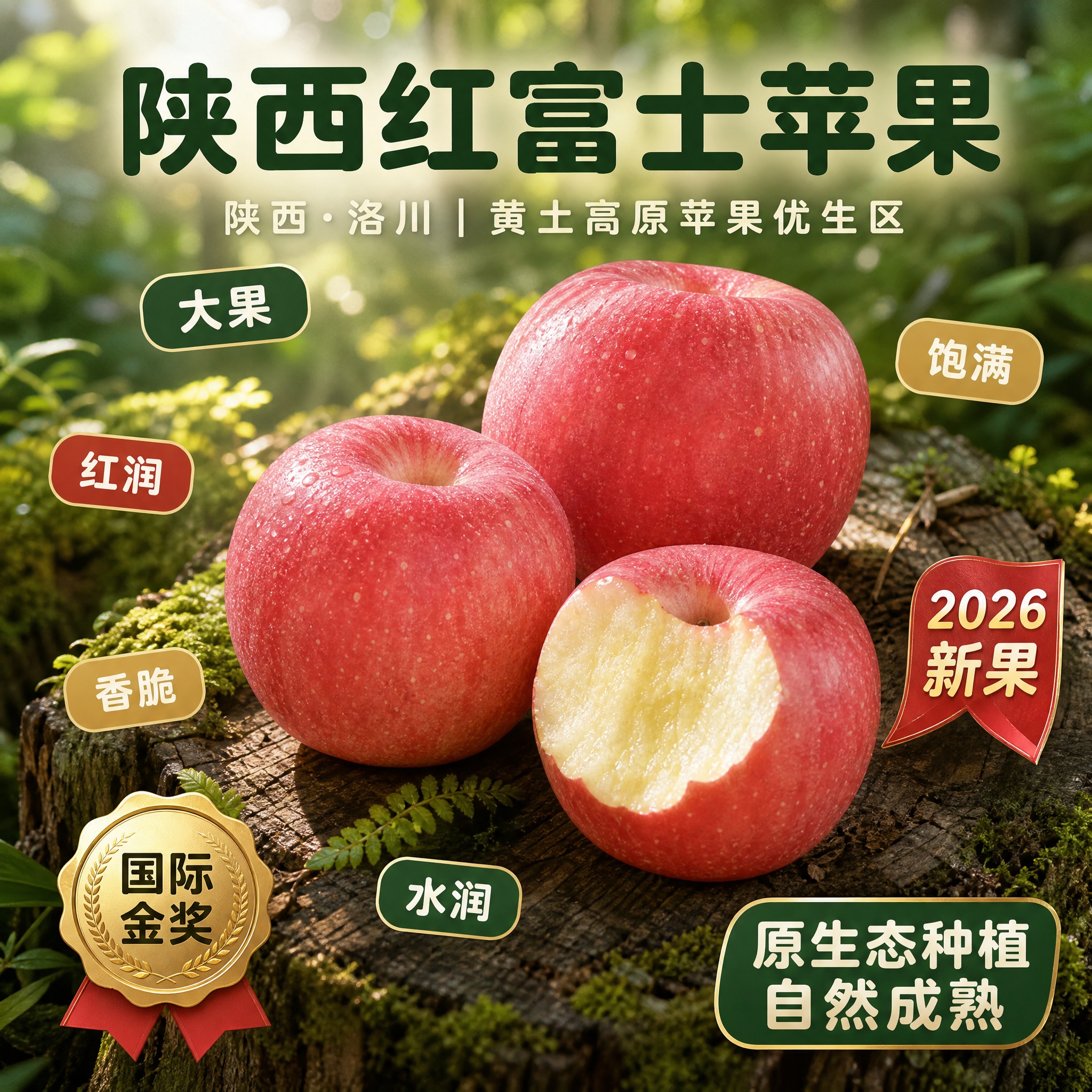 小红书风格陕西红富士苹果电商主图，森系自然风，1:1正方形构图… - 图片创意预览