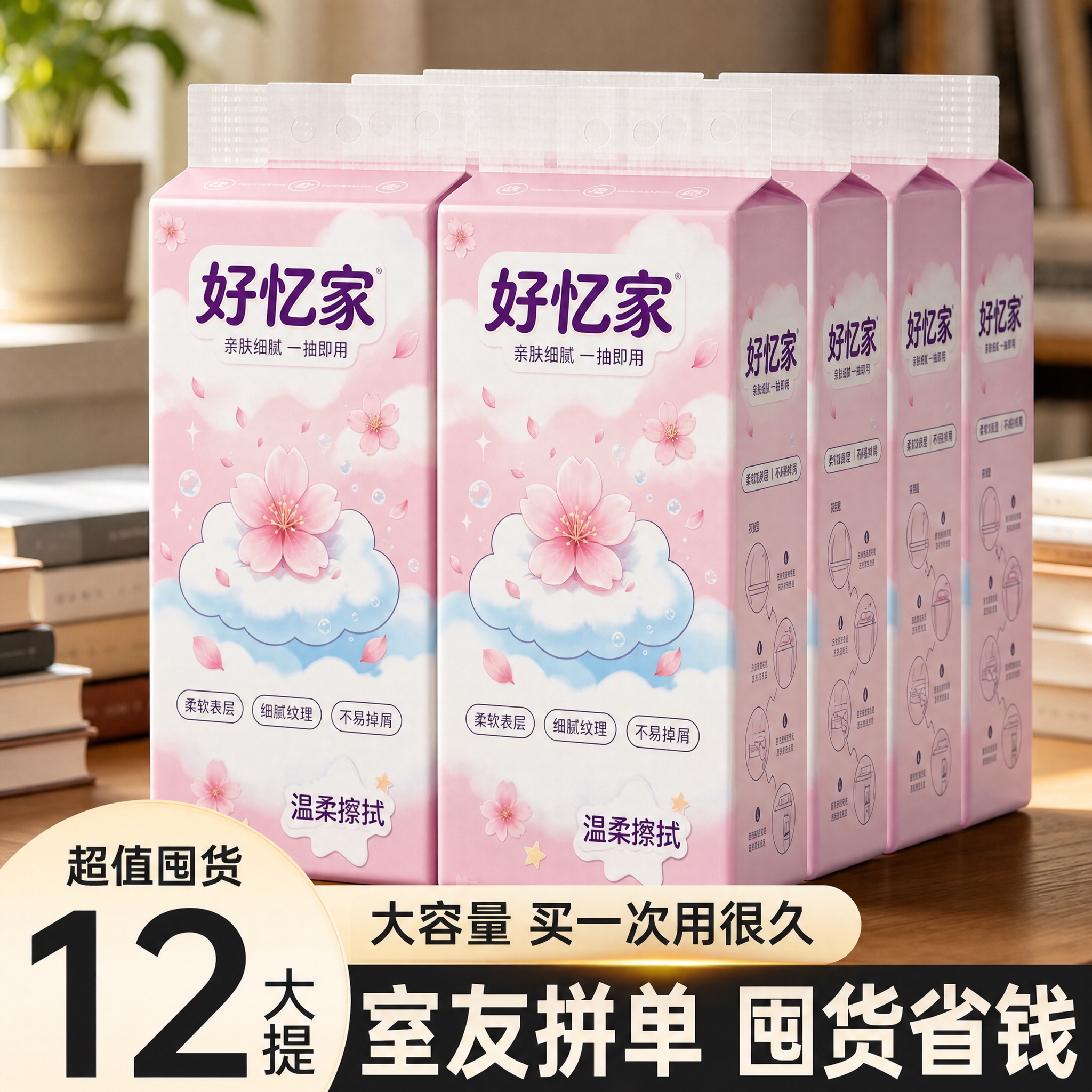 将图中所有悬挂式抽纸包装的外观图案全部替换为第一张参考图中的粉… - 图片创意预览