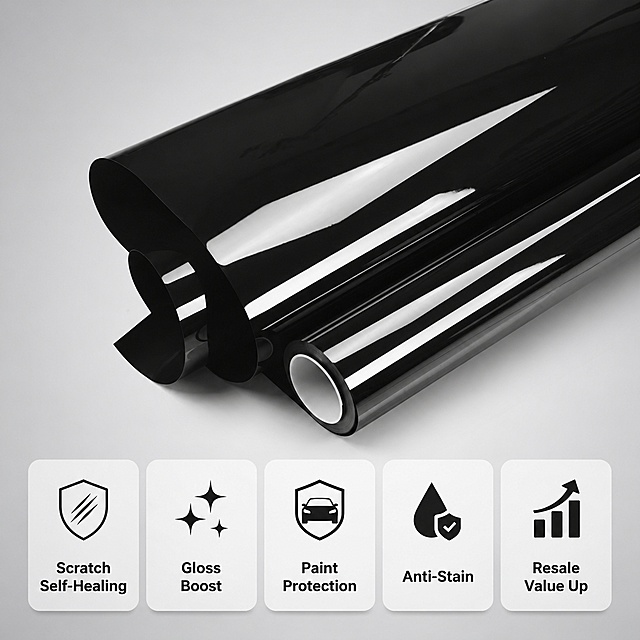 [Main image 2 re-generated] Premium 7.5mil Black TPU Paint Protection Film key benefits layout. Low gradient light gray background, centered large image of the film roll, use 5 rounded icon cards arranged horizontally at the bottom, each for one core benefit: icon 1 with text "Scratch Self-Healing", icon 2 "Gloss Boost", icon 3 "Paint Protection", icon 4 "Anti-Stain", icon 5 "Resale Value Up". Clean minimalist professional layout, all text clear and readable. Keep product appearance consistent with original images. 1:1 square, 2K ultra HD commercial photography. Negative prompt: distortion, text error, blurry, messy background, watermark, logo