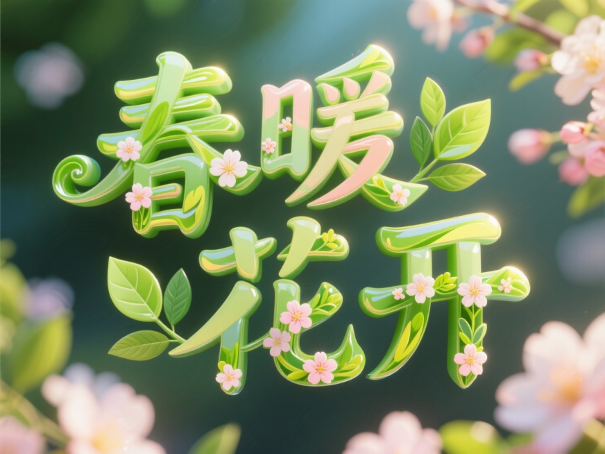 “春暖花开”四个大字，字的笔画由嫩绿的树叶、绽放的花朵组成，字体立体感强，充满生机与活力预览效果