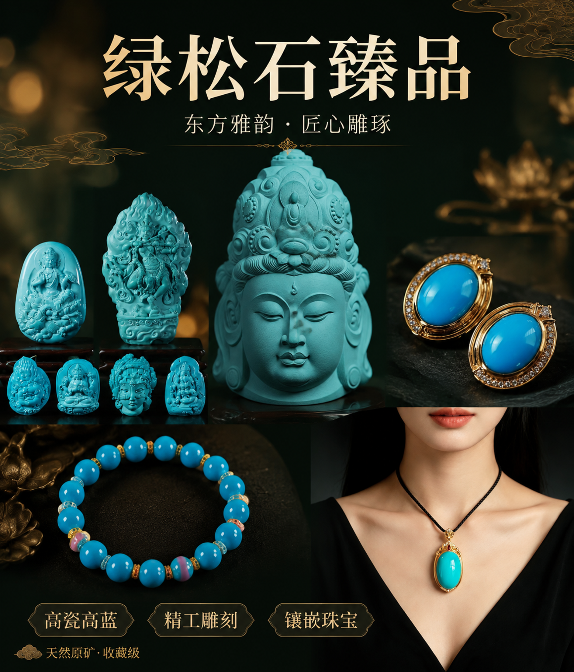 高端绿松石珠宝产品宣传海报，竖版构图，轻奢东方美学风格。画面中… - 图片创意预览